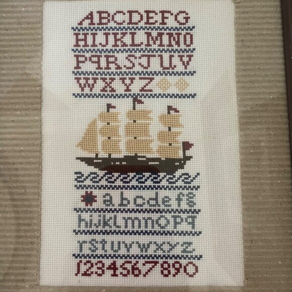 Sullins House Reproduction ABC Sampler Nautical Cross Stitch Clipper Ship Framed - Picture 6 of 6